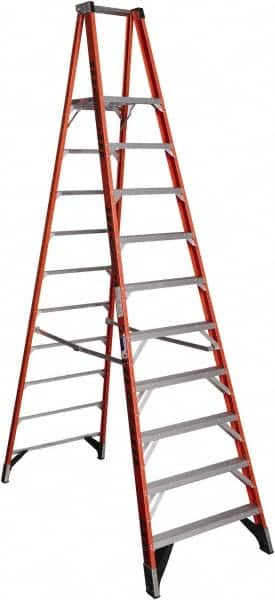 Werner - 10 Steps, 12' High, Type IA Rating, Fiberglass Platform Ladder - 300 Lb Capacity, 37-1/2" Base Width - Caliber Tooling