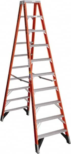 Werner - 9 Steps, 10' High, Type IAA Rating, Fiberglass & Aluminum Step Ladder - 375 Lb Capacity, 31-5/8" Base Width - Caliber Tooling