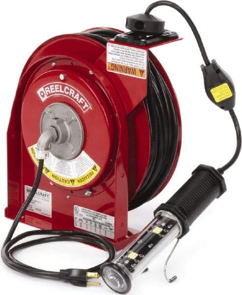 Reelcraft - 16 AWG, 50' Cable Length, Cord & Cable Reel with LED Light End - 1 Outlet, NEMA 5-15R, 13 Amps, 125 Volts, SJTOW Cable, Red Reel, Spring Driven Reel - Caliber Tooling