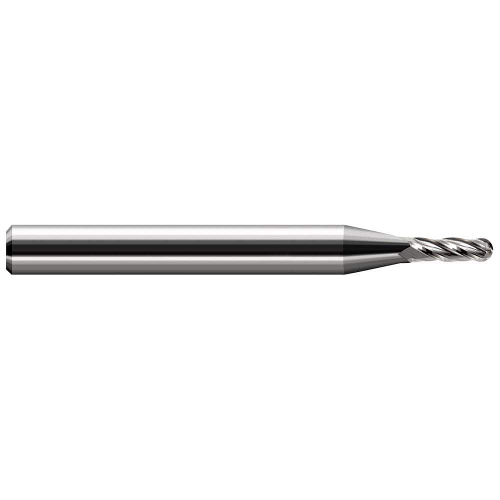 Ball End Mill: 0.059″ Dia, 0.177″ LOC, 4 Flute, Solid Carbide 1-1/2″ OAL, 1/8″ Shank Dia, 30 ° Helix, Uncoated, Single End