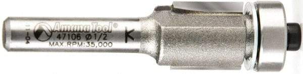 Amana Tool - 1/2" Cut Diam, 1/2" Length of Cut, 2 Flute Flush Trim Edge Profile Router Bit - Carbide-Tipped, 1/4" Shank Diam, 2-1/4" OAL, Uncoated - Caliber Tooling