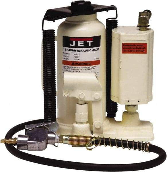 Jet - 12 Ton Capacity Hydraulic Bottle Jack - 9.65" to 18.7" High, 3-1/8" Screw Length, 8.27" Long x 6.3" Wide Base - Caliber Tooling