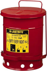 Justrite - 6 Gallon Capacity, Galvanized Steel Disposal Can - 11-7/8 Inch Wide/Diameter x 15-7/8 Inch High, Red, Foot Operated, Approved FM and UL - Caliber Tooling