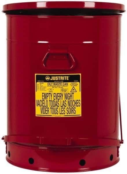 Justrite - 21 Gallon Capacity, Galvanized Steel Disposal Can - 18-3/8 Inch Wide/Diameter x 23-7/16 Inch High, Red, Foot Operated, Approved FM and UL - Caliber Tooling