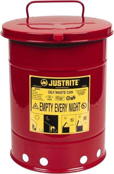 Justrite - 6 Gallon Capacity, Galvanized Steel Disposal Can - 11-7/8 Inch Wide/Diameter x 15-7/8 Inch High, Red, Hand Operated, Approved FM and UL - Caliber Tooling