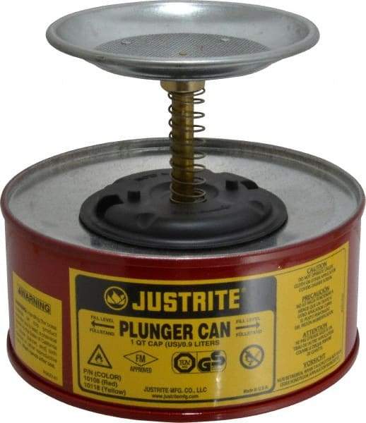 Justrite - 1 Quart Capacity, 5-5/8 Inch High x 7-1/4 Inch Diameter, Steel Plunger Can - 5 Inch Dasher Diameter, Red, Approval Listing/Regulation FM - Caliber Tooling