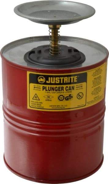 Justrite - 4 Quart Capacity, 10-1/2 Inch High x 7-1/4 Inch Diameter, Steel Plunger Can - 5 Inch Dasher Diameter, Red, Approval Listing/Regulation FM - Caliber Tooling