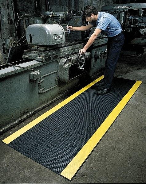 Wearwell - 30' Long x 2' Wide, Dry/Wet Environment, Anti-Fatigue Matting - Black with Yellow Borders, Vinyl with Vinyl Base, Beveled on 4 Sides - Caliber Tooling