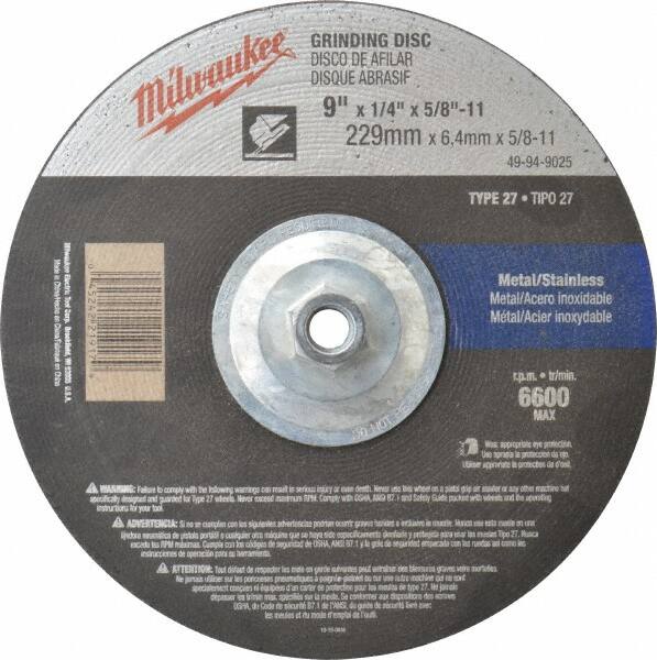 Milwaukee Tool - 24 Grit, 9" Wheel Diam, 1/4" Wheel Thickness, Type 27 Depressed Center Wheel - Aluminum Oxide, Resinoid Bond, R Hardness, 6,600 Max RPM, Compatible with Angle Grinder - Caliber Tooling