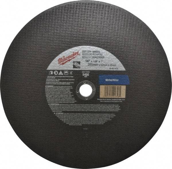 Milwaukee Tool - 14" 24 Grit Aluminum Oxide Cutoff Wheel - 1/8" Thick, 1" Arbor, 5,400 Max RPM, Use with Angle Grinders - Caliber Tooling