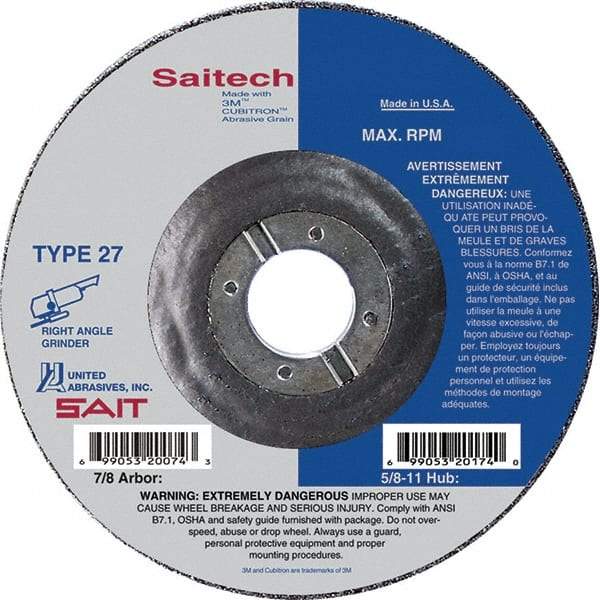 Sait - 5" Wheel Diam, 1/4" Wheel Thickness, 7/8" Arbor Hole, Type 27 Depressed Center Wheel - Ceramic, Resinoid Bond, 12,200 Max RPM, Compatible with Angle Grinder - Caliber Tooling