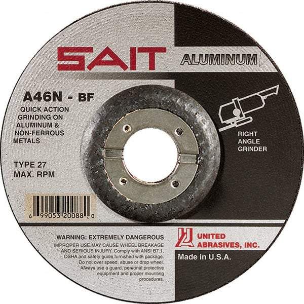 Sait - 46 Grit, 5" Wheel Diam, 1/4" Wheel Thickness, 7/8" Arbor Hole, Type 27 Depressed Center Wheel - Aluminum Oxide, Resinoid Bond, N Hardness, 12,200 Max RPM, Compatible with Angle Grinder - Caliber Tooling