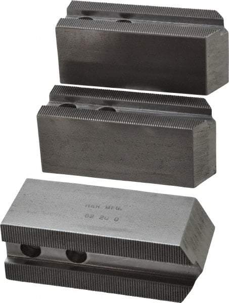 H & R Manufacturing - 1.5mm x 60° Serrated Attachment, Square Soft Lathe Chuck Jaw - 3 Jaws, Steel, 1.181" Btw Mount Hole Ctrs, 5" Long x 1-3/4" Wide x 2" High, 0.63" Groove, 12mm Fastener - Caliber Tooling