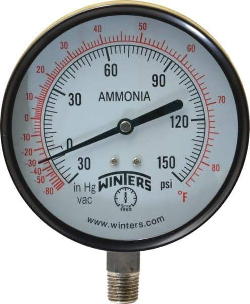 Winters - 4" Dial, 1/4 Thread, 30-0-150 Scale Range, Pressure Gauge - Lower Connection Mount, Accurate to 3-2-3% of Scale - Caliber Tooling