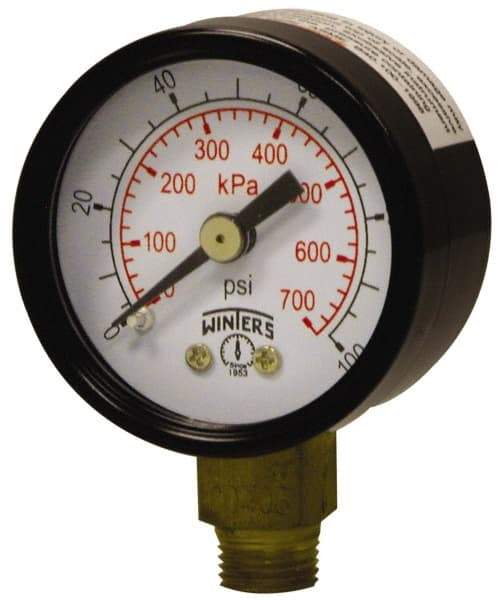 Winters - 1-1/2" Dial, 1/8 Thread, 0-160 Scale Range, Pressure Gauge - Lower Connection Mount, Accurate to 3-2-3% of Scale - Caliber Tooling