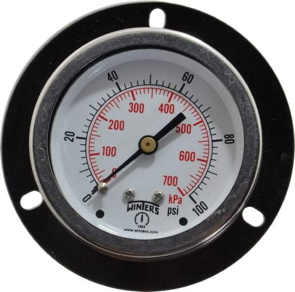 Winters - 2-1/2" Dial, 1/4 Thread, 0-100 Scale Range, Pressure Gauge - Front Flange Panel Mount, Center Back Connection Mount, Accurate to 1.5% of Scale - Caliber Tooling