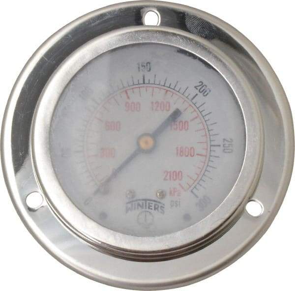 Winters - 2-1/2" Dial, 1/4 Thread, 0-300 Scale Range, Pressure Gauge - Front Flange Panel Mount, Center Back Connection Mount, Accurate to 1.5% of Scale - Caliber Tooling