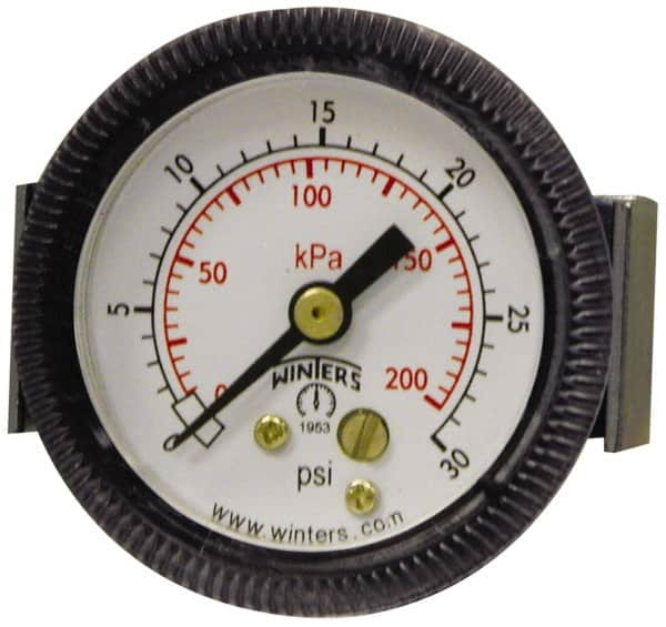 Winters - 2-1/2" Dial, 1/4 Thread, 0-30 Scale Range, Pressure Gauge - U-Clamp Panel Mount, Center Back Connection Mount, Accurate to 2.5% of Scale - Caliber Tooling