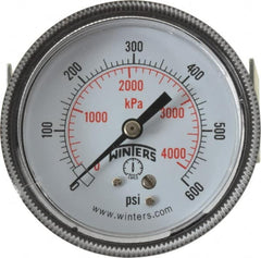 Winters - 2-1/2" Dial, 1/4 Thread, 0-600 Scale Range, Pressure Gauge - U-Clamp Panel Mount, Center Back Connection Mount, Accurate to 2.5% of Scale - Caliber Tooling