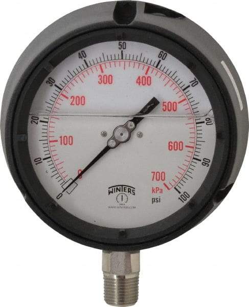 Winters - 4-1/2" Dial, 1/2 Thread, 0-100 Scale Range, Pressure Gauge - Lower Connection Mount, Accurate to 0.5% of Scale - Caliber Tooling