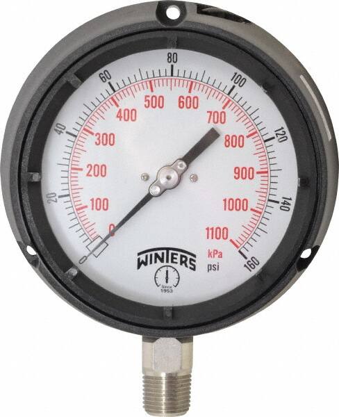 Winters - 4-1/2" Dial, 1/2 Thread, 0-160 Scale Range, Pressure Gauge - Lower Connection Mount, Accurate to 0.5% of Scale - Caliber Tooling