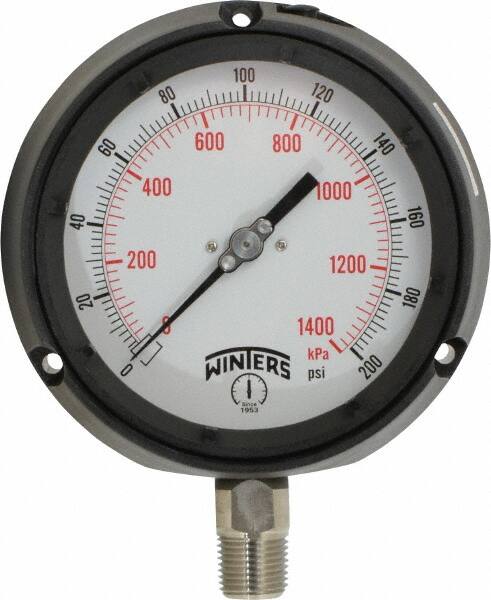 Winters - 4-1/2" Dial, 1/2 Thread, 0-200 Scale Range, Pressure Gauge - Lower Connection Mount, Accurate to 0.5% of Scale - Caliber Tooling