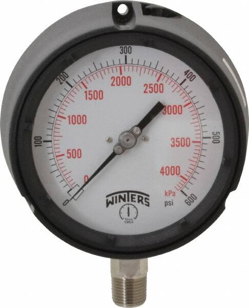 Winters - 4-1/2" Dial, 1/2 Thread, 0-600 Scale Range, Pressure Gauge - Lower Connection Mount, Accurate to 0.5% of Scale - Caliber Tooling