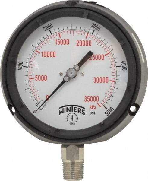 Winters - 4-1/2" Dial, 1/2 Thread, 0-5,000 Scale Range, Pressure Gauge - Lower Connection Mount, Accurate to 0.5% of Scale - Caliber Tooling