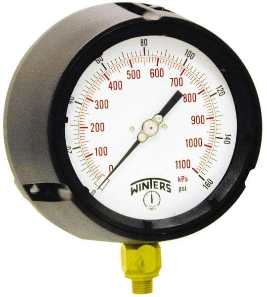 Winters - 4-1/2" Dial, 1/4 Thread, 0-300 Scale Range, Pressure Gauge - Lower Connection Mount, Accurate to 0.5% of Scale - Caliber Tooling