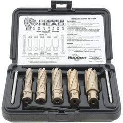 Hougen - 8 Piece, 9/16 to 1-1/16" Cutter Diam, 2" Cutting Depth, Carbide-Tipped Annular Cutter Set - Bright Finish, 3/4" Shank Diam, 9/16, 11/16, 13/16, 15/16, 1-1/16" Cutter Diams, 2 Flats on Shank - Caliber Tooling