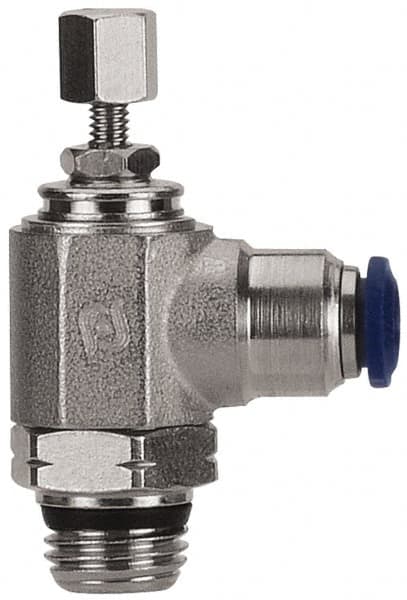 Value Collection - 1/4" Pipe, Angled Miniature Needle Valve - Buna Seal, Male x Push to Connect Ends, Nickel Plated Brass Valve, 145 Max psi - Caliber Tooling