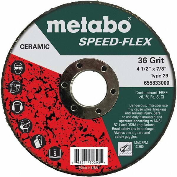 Metabo - 4-1/2" Diam, 7/8" Hole, 36 Grit Ceramic Alumina Fiber Disc - Caliber Tooling