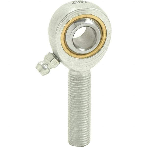 Tritan - 3/8" ID, 2-7/16" Max OD, 4,012 Lb Max Static Cap, Male Spherical Rod End - 3/8-24 RH, 1/2" Shank Diam, 1-1/4" Shank Length, Zinc Plated Carbon Steel with Sintered Oil Impregnated Bronze Raceway - Caliber Tooling