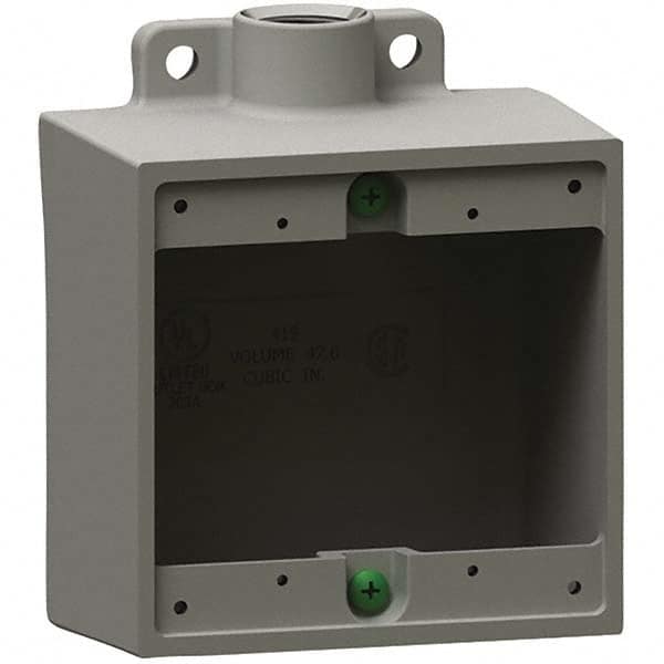 Electrical Outlet Boxes & Switch Boxes; Enclosure Type: Device; Enclosure Shape: Square; Weather Resistance: Non-Weather-Resistant; Number Of Knockouts: 1; Overall Depth (Decimal Inch): 2-15/16; Number Of Gangs: 2; Body Material: Aluminum; Material: Alumi