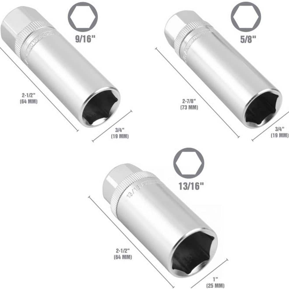 Automotive Hand Tools & Sets; Fractional Socket Size: 9/16; 13/16 in; 5/8; Socket Size: 0.625; 0.8125 in; 0.5625; Includes: 9/16; 13/16 in 6 Point Socket; 5/8; Color: Chrome; Contents: 9/16; 13/16 in 6 Point Socket; 5/8; Material: Chrome; Steel; Number of