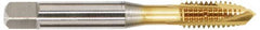 OSG - 3/4-16 UNF, 3 Flute, TiN Finish, Vanadium High Speed Steel Spiral Point Tap - Plug Chamfer, Right Hand Thread, 4-1/4" OAL, 2" Thread Length, 0.59" Shank Diam, 3B Class of Fit - Exact Industrial Supply