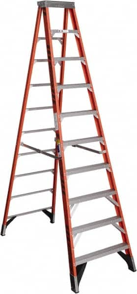 Werner - 9 Steps, 10' High, Type IAA Rating, Fiberglass Step Ladder - 375 Lb Capacity, 32" Base Width - Caliber Tooling