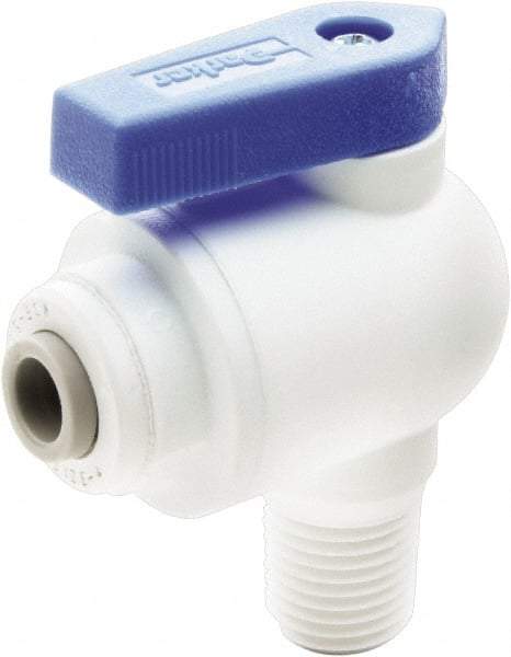 Parker - 1/4" Pipe, Full Port, Polypropylene Valve Male Elbow Ball Valve - Bi-Directional, MNPT x Push-to-Connect Ends, Wedge Handle, 150 WOG - Caliber Tooling