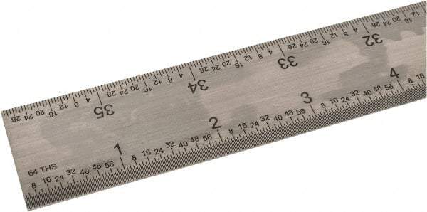 SPI - 36" Long, 1/100, 1/64, 1/50, 1/32" Graduation, Rigid Steel Rule - 16R Graduation Style, 1-1/4" Wide, Silver, Satin Chrome Finish - Caliber Tooling