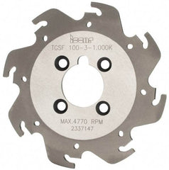 Iscar - Arbor Hole Connection, 0.118" Cutting Width, 1.04" Depth of Cut, 3-15/16" Cutter Diam, 1" Hole Diam, 8 Tooth Indexable Slotting Cutter - TGSF Toolholder, TAG N3 Insert, Right Hand Cutting Direction - Caliber Tooling