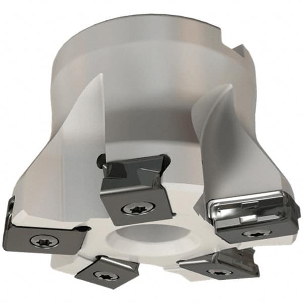 Iscar - 9 Inserts, 5" Cut Diam, 1-1/2" Arbor Diam, 0.118" Max Depth of Cut, Indexable Square-Shoulder Face Mill - 0/90° Lead Angle, 2-1/2" High, HTP LNHT 1606 Insert Compatibility, Through Coolant, Series TangPlunge - Caliber Tooling