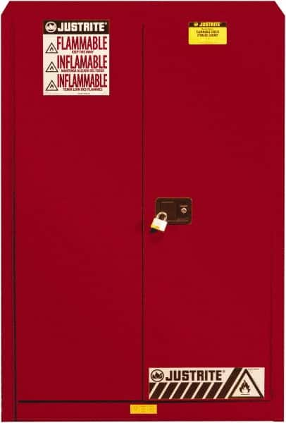 Justrite - 2 Door, 5 Shelf, Red Steel Standard Safety Cabinet for Flammable and Combustible Liquids - 65" High x 43" Wide x 18" Deep, Self Closing Door, 3 Point Key Lock, 60 Gal Capacity - Caliber Tooling