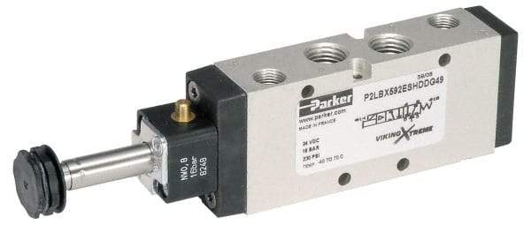 Parker - 1/8" NPT Port, Single Solenoid, 2 Position Valveless Coil, Aluminum Solenoid Valve - Normally Open Through Ports 1 & 2, 232 Max PSI, Buna-N Seal - Caliber Tooling