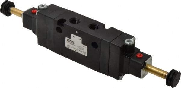 Parker - 1/4" NPT Port, Double Solenoid, 3 Position Valveless Coil, Aluminum Solenoid Valve - Center Exhaust Open, 145 Max PSI, Buna-N Seal - Caliber Tooling