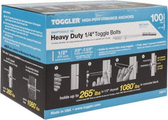 Toggler - 1/4" Screw, 6-1/4" Long, 3/8 to 3-5/8" Thick, Toggle Bolt Drywall & Hollow Wall Anchor - 1/4 - 20" Thread, 1/2" Drill, Zinc Plated, Steel, Grade 1010, Use in Drywall - Caliber Tooling