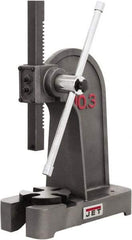 Jet - 1/2" Ram, 7-7/8" Throat Depth, 2 Ton Manual Arbor Press - 7-7/8" Max Work Height x 11-3/8" Max Work Width, Single Leverage, 6-3/8" Base Width x 17" Base Depth - Caliber Tooling