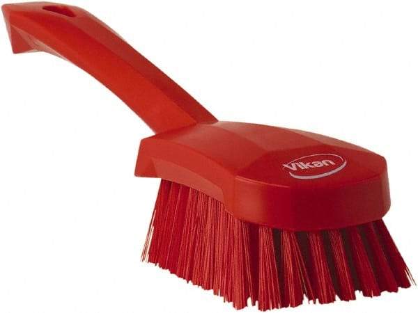 Vikan - 1.3" Bristle Length, Polyester Scrub Brush - 4-1/4" Long x 2-3/4" Wide Head, 10" OAL, Red, Polypropylene Block - Caliber Tooling