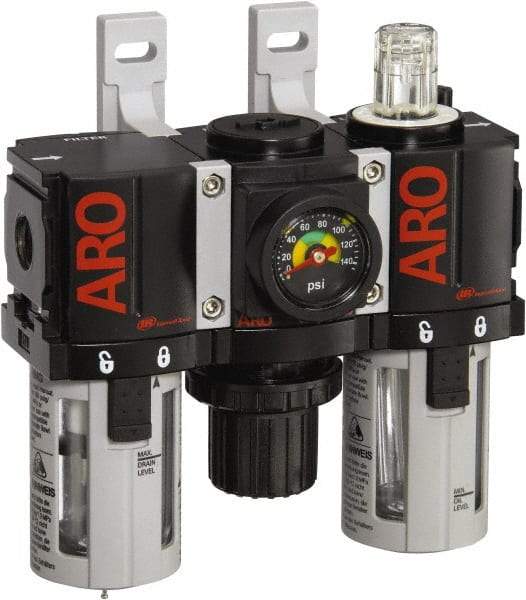 ARO/Ingersoll-Rand - 1/8" NPT Port Miniature 3 Piece Filter-Regulator-Lubricator FRL Unit - Polycarbonate Bowl, 34 SCFM, 150 Max psi, 5" High x 4.724" Long, Manual Drain - Caliber Tooling