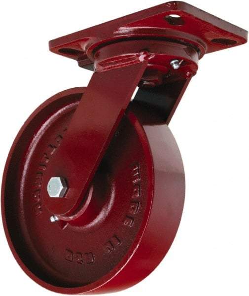 Hamilton - 8" Diam x 2" Wide x 9-3/4" OAH Top Plate Mount Swivel Caster - Cast Iron, 1,500 Lb Capacity, Sealed Precision Ball Bearing, 4-1/2 x 6-1/2" Plate - Caliber Tooling