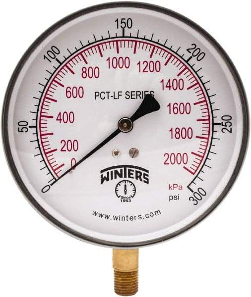 Winters - 4-1/2" Dial, 1/4 Thread, 0-300 Scale Range, Pressure Gauge - Lower Connection Mount, Accurate to 0.01% of Scale - Caliber Tooling